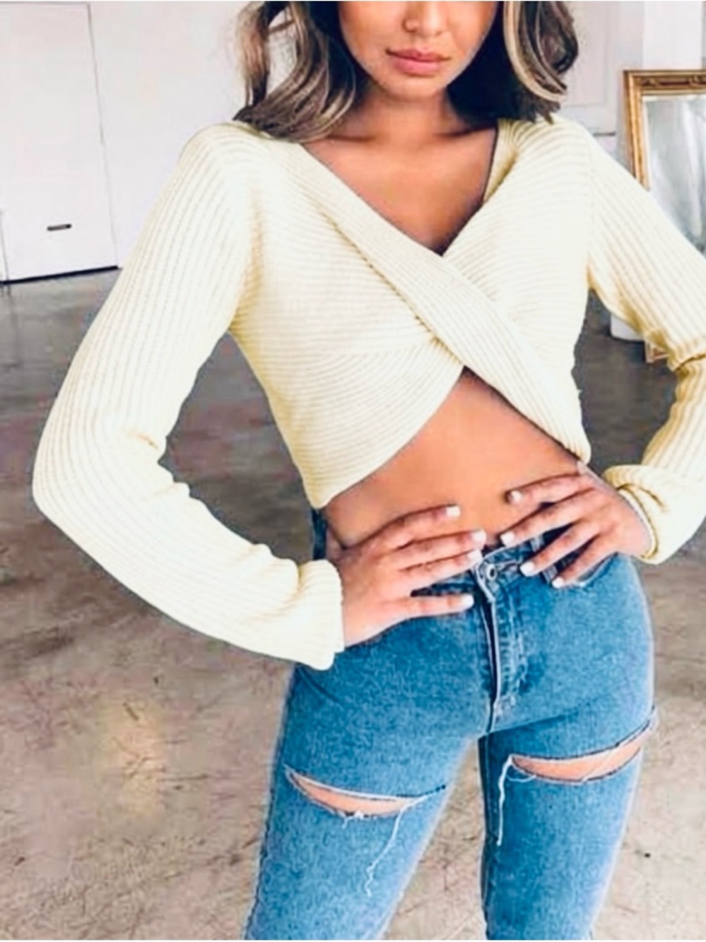 TIGER MIST Cream Ribbed Cropped Knit Sweater, Size XS